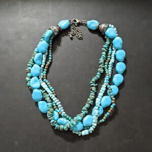 Antique Silver Tone Faux Turquoise Colored Multi Strand Statement Necklace